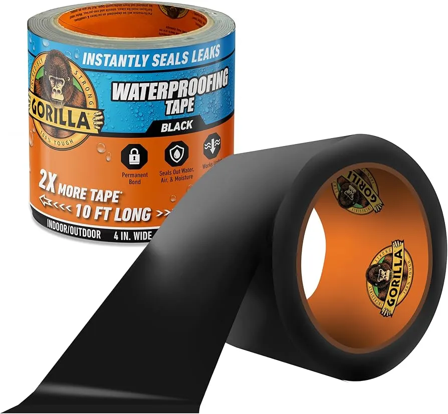 A roll of black Gorilla waterproofing tape is partially unrolled in front of its packaging, which highlights features like "instantly seals leaks," "10 ft long," and "indoor/outdoor use"—making it the best roof sealant for leaks.