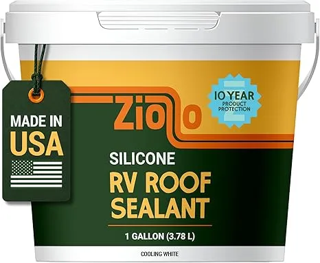 A 1-gallon (3.78 L) white and green bucket of Ziollo Silicone RV Roof Sealant, labeled “Made in USA” and “10 Year Product Protection,” features a cooling white color and is considered the best roof sealant for leaks.
