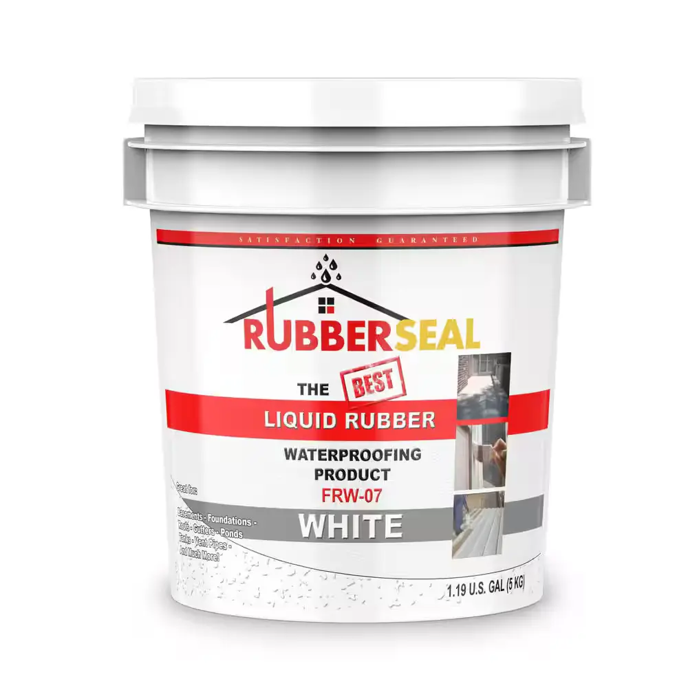 A white 1.19-gallon bucket of Rubberseal Liquid Rubber Waterproofing Product, labeled “White,” with images showing application—touted as the best roof sealant for leaks—features red, black, and gray branding on the container.