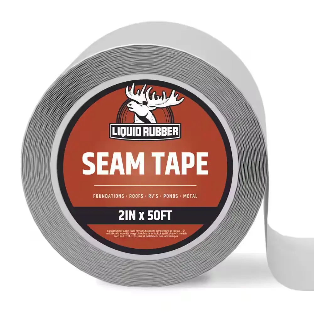 A roll of Liquid Rubber Seam Tape with a red and black label labeled "SEAM TAPE 2IN X 50FT"—the best roof sealant for leaks. Ideal for foundations, roofs, RVs, ponds, and metal. One end of the tape is slightly unrolled.