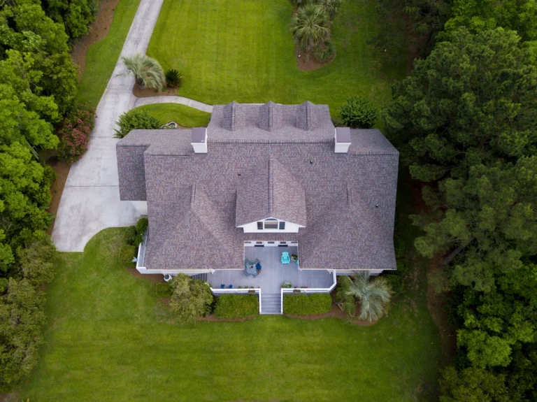 arial view of asphalt shingle rooftop installed by roof troopers