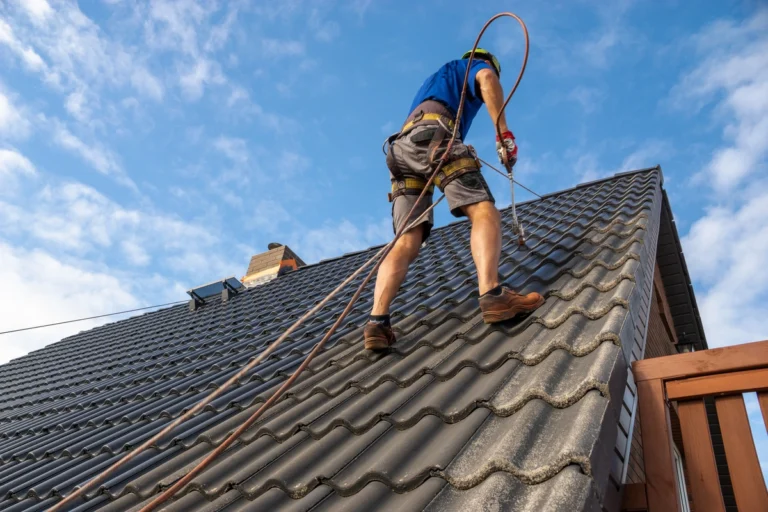 construction worker painting the roof black