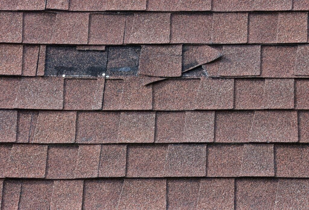 Close-up of reddish-brown asphalt roof shingles, with several shingles missing or damaged, exposing a black underlayer and white nails beneath—highlighting the need for prompt roof shingles repair.