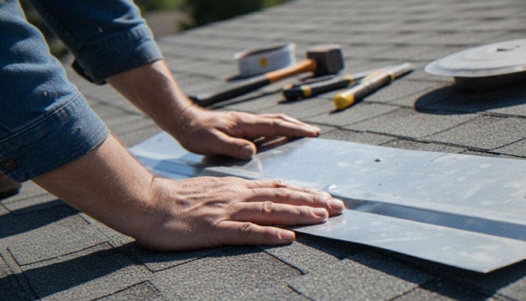 A person shapes a metal sheet on a shingled roof, with tools like a hammer and tape measure nearby, while performing a roof flashing repair during a roofing installation.