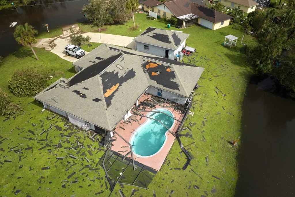 arial view of damaged roof