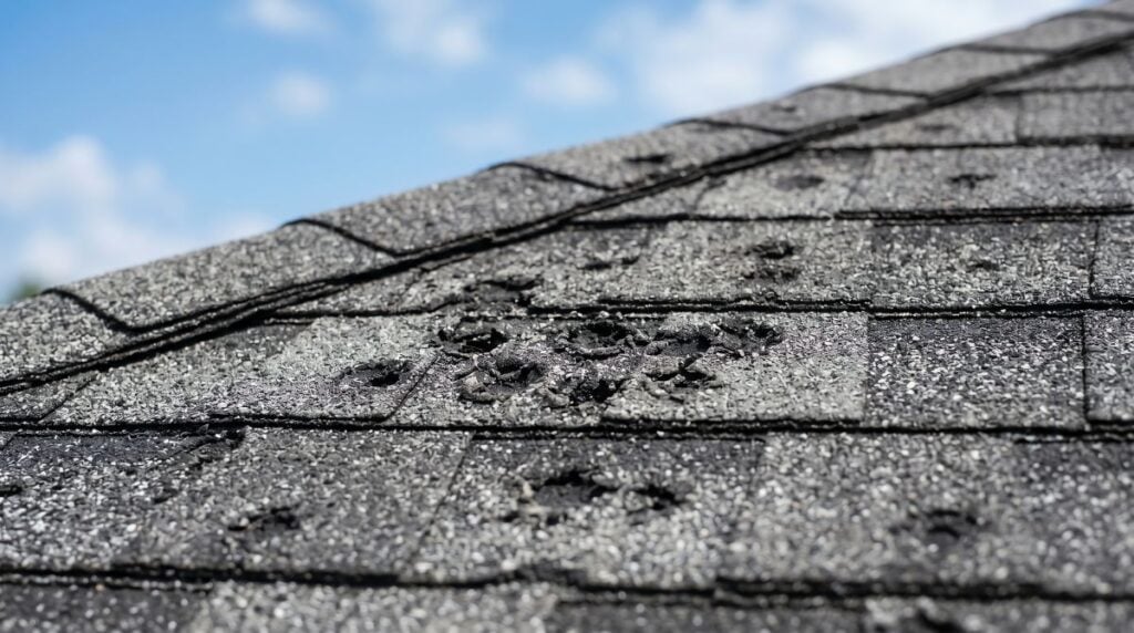 Close-up of roof shingles with multiple dents and damage, likely caused by hail, under a partly cloudy sky—an ideal example for distinguishing hail damage vs blistering.