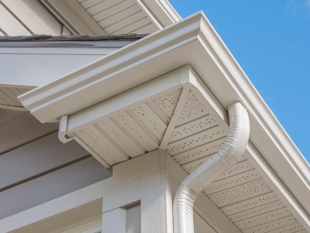 Close-up of a house’s roof corner showing white gutters, downspout, and soffit with vented panels against a blue sky. The siding is light gray with white trim; new roof shingles not laying flat are visible along the edge.
