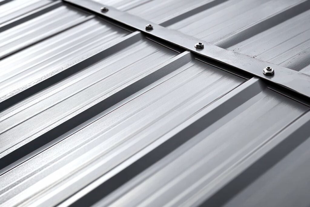 Close-up view of a gray metal roofing sheet with raised seams and metal roof screws on rib or flat sections, showing its texture and construction detail.