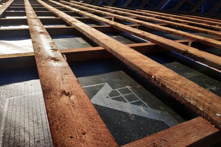 Close-up view of a wooden roof framework with sunlight casting shadows across the beams, highlighting the geometric pattern and synthetic roof underlayment within the unfinished structure.