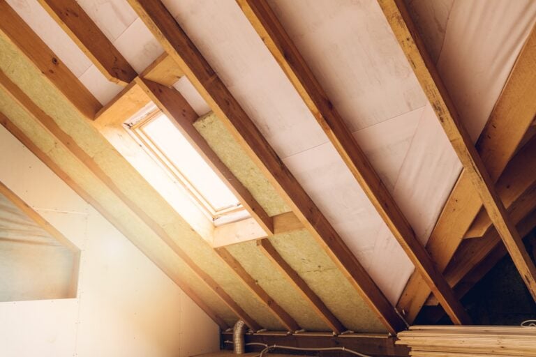 Sunlight shines through a rectangular skylight window in a slanted wooden attic ceiling with exposed beams and insulation.