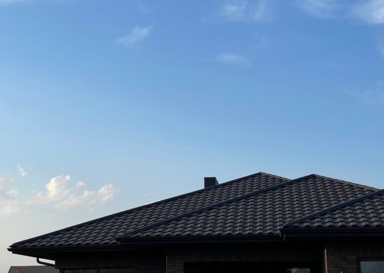 The image shows the roof of a house with dark, overlapping black metal roof tiles set against a clear blue sky with a few scattered clouds.
