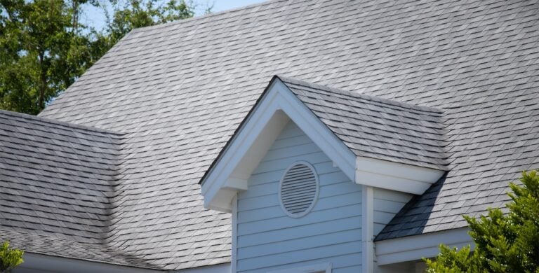 Close-up of a house roof with gray asphalt shingles showing roofing granules, light blue siding, and white trim. A small gable with a circular vent is featured in the center, framed by green trees in the background.