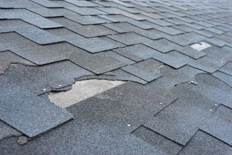 Close-up of a roof with damaged, missing, and peeling asphalt shingles—common roof problems in Alexandria VA—exposing the underlayment beneath. The gray shingles show wear, indicating the need for repair or replacement.
