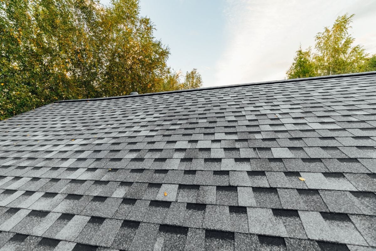 A close-up view of a sloped roof covered in gray asphalt shingles, with a few yellow leaves scattered on top and trees with green foliage in the background under a partly cloudy sky.