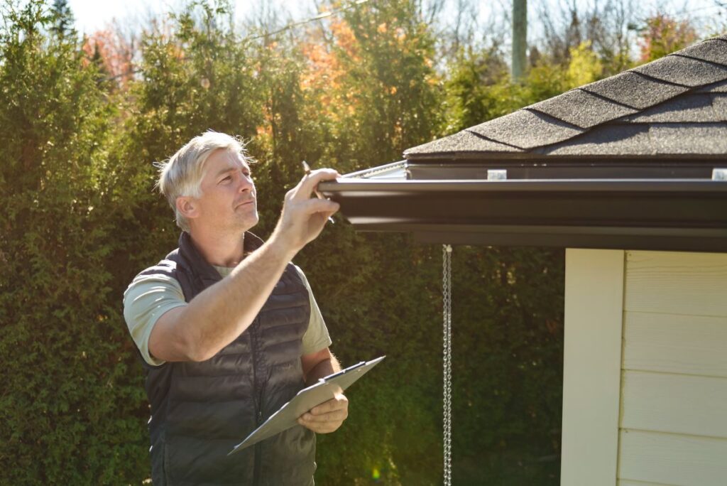 A man with gray hair inspects a house gutter while holding a clipboard, standing next to a building with trees in the background on a sunny day—an expert in roofing Springfield can trust.