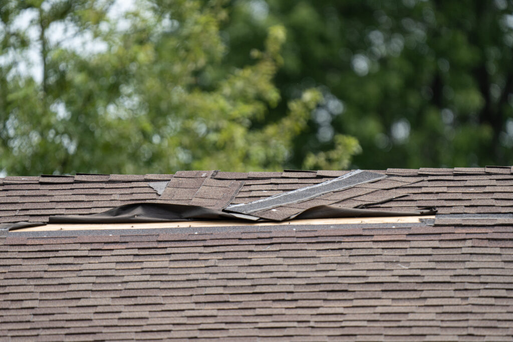 Close-up of a house roof with several damaged and lifted shingles, exposing the underlying roofing materials—an issue homeowners may face that requires expert roofing Arlington VA services. Green, blurred trees are visible in the background.