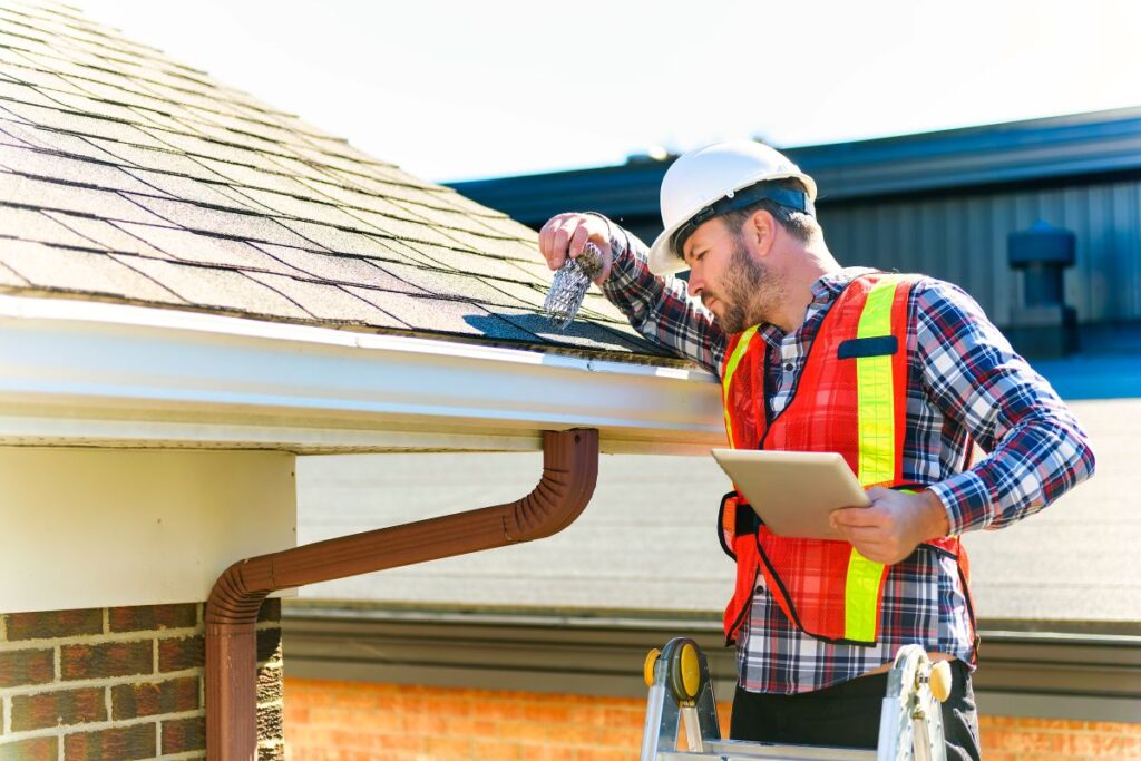 A construction worker in a hard hat and safety vest stands on a ladder, inspecting a house roof and gutter with one hand while holding a tablet in the other, representing expert roofing Mount Vernon services.