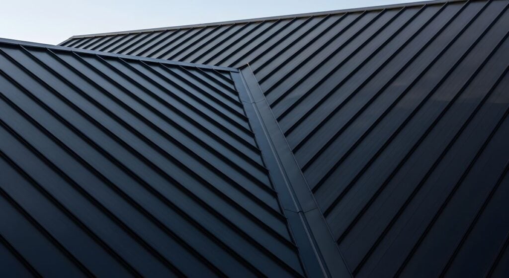 Close-up view of a modern metal roof with dark, overlapping panels and clean, angular lines against a light sky.