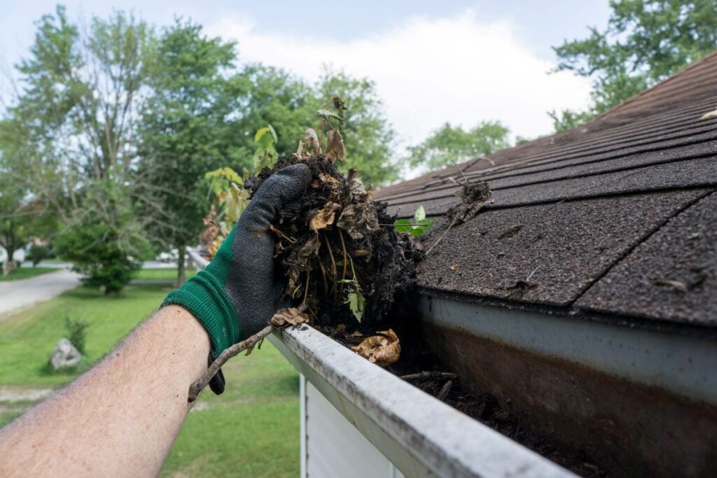 A person wearing a green glove removes leaves and debris from a house gutter on a roof, with trees and grass visible in the background.