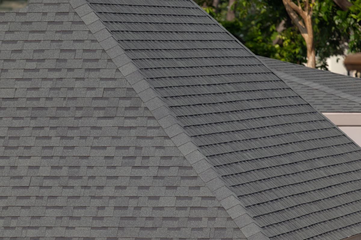Close-up view of two rooftops with dark gray asphalt shingles, showing the pattern and texture. Trees and part of a building are visible in the blurred background.
