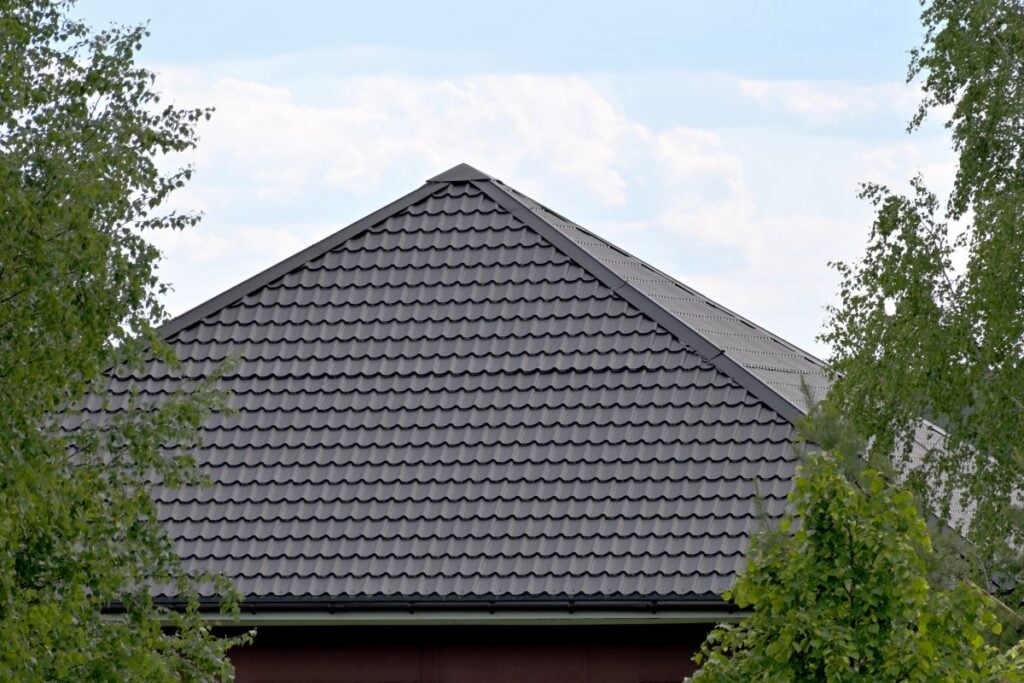 The image shows the roof of a house with dark gray tiles, framed by green leafy trees on both sides, under a partly cloudy sky.