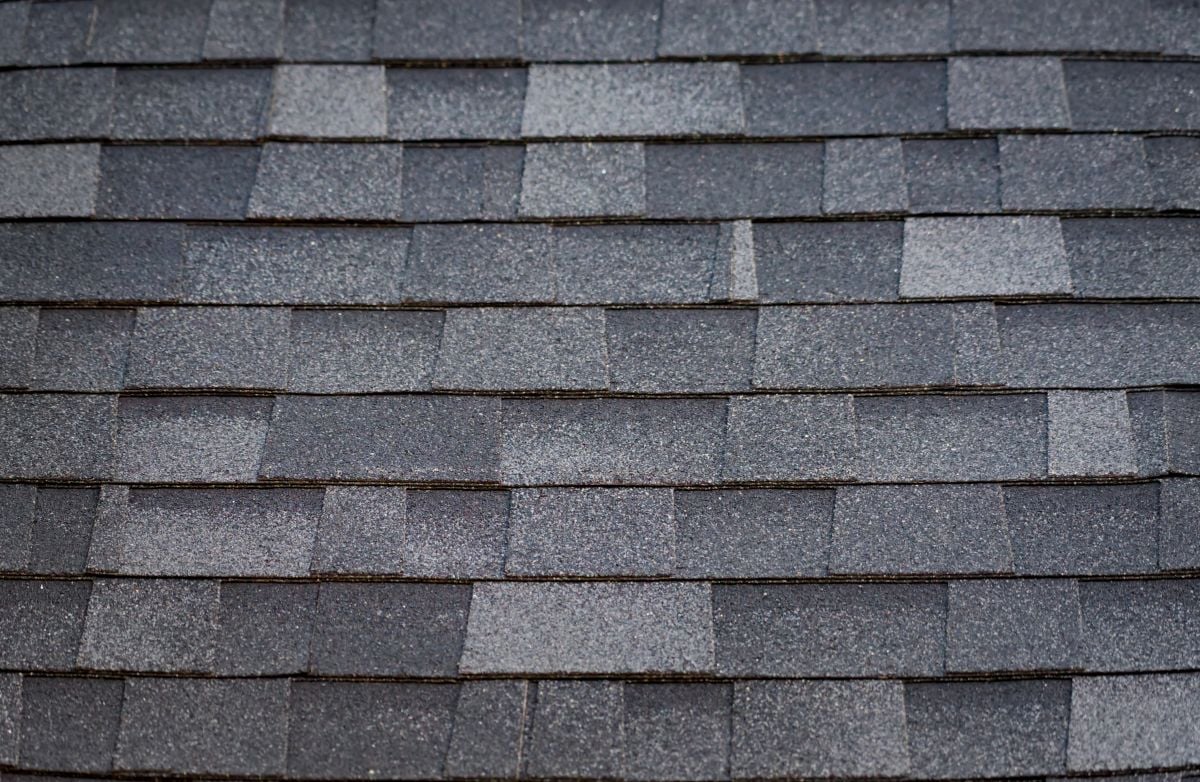 Close-up view of gray asphalt roof shingles arranged in even, overlapping rows with varying shades and textures.