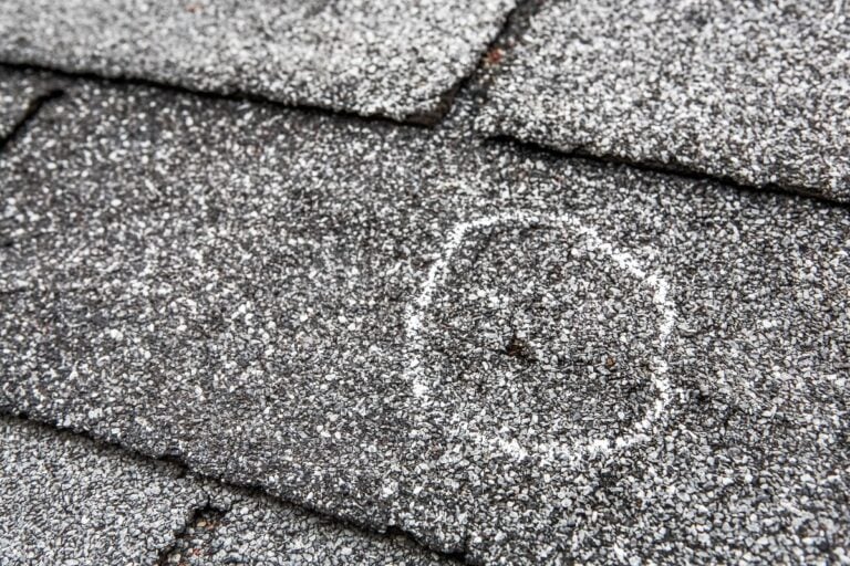 A close-up of asphalt roof shingles with a white chalk circle marking a damaged or worn spot on one shingle.