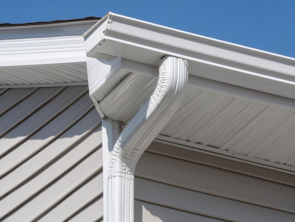 Close-up of a white gutter system attached to the roof edge of a house with beige siding and a clear blue sky in the background.