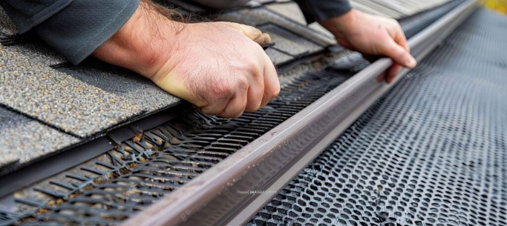 Close-up of hands installing a black mesh gutter guard along the edge of a shingled roof, protecting the gutter from debris.