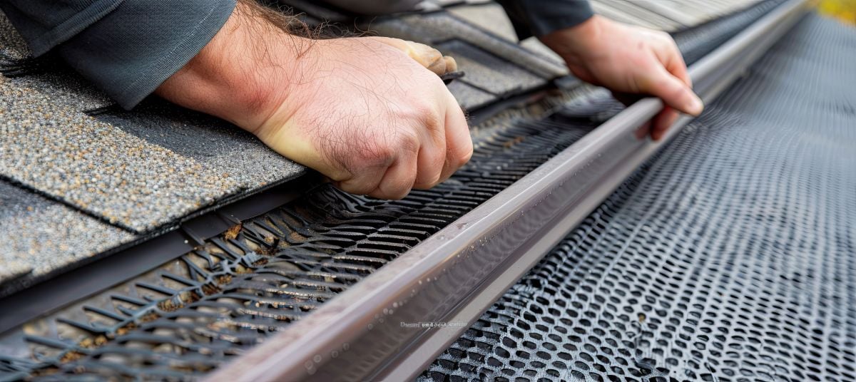 A person installs a mesh gutter guard onto a residential roof edge.